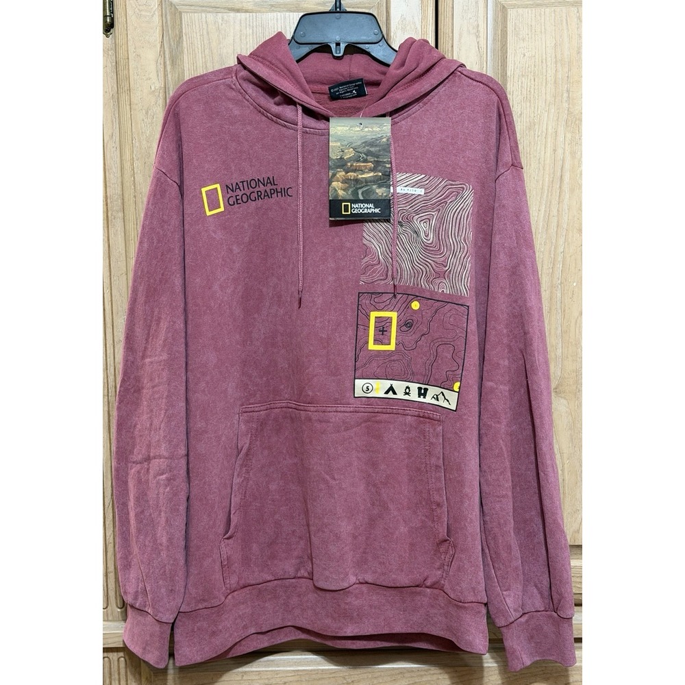National Geographic Pullover Hoodie Sweatshirt Mens L Faded Graphic Map Design